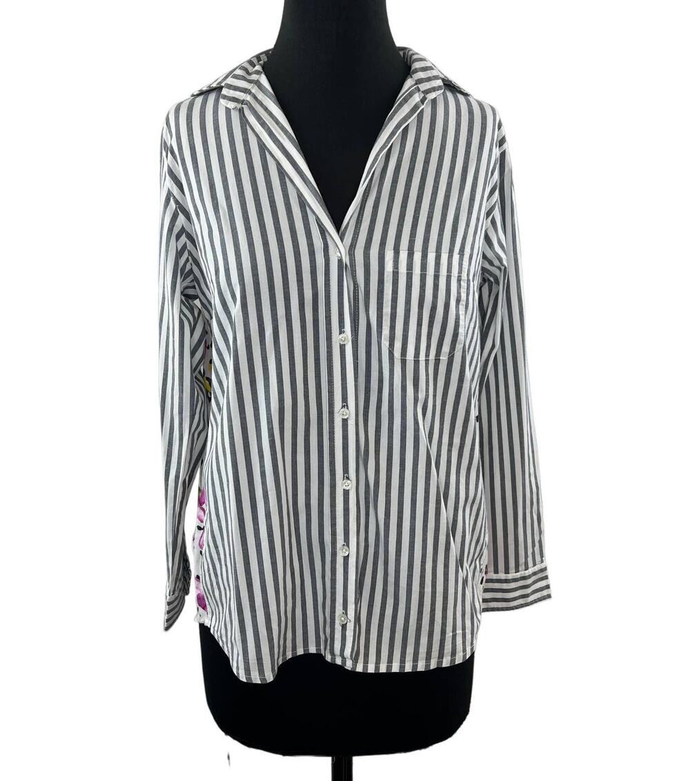 TOLANI Gray White Stripe Button-Up Tunic Top Multicolor Floral Long Sleeve XXS